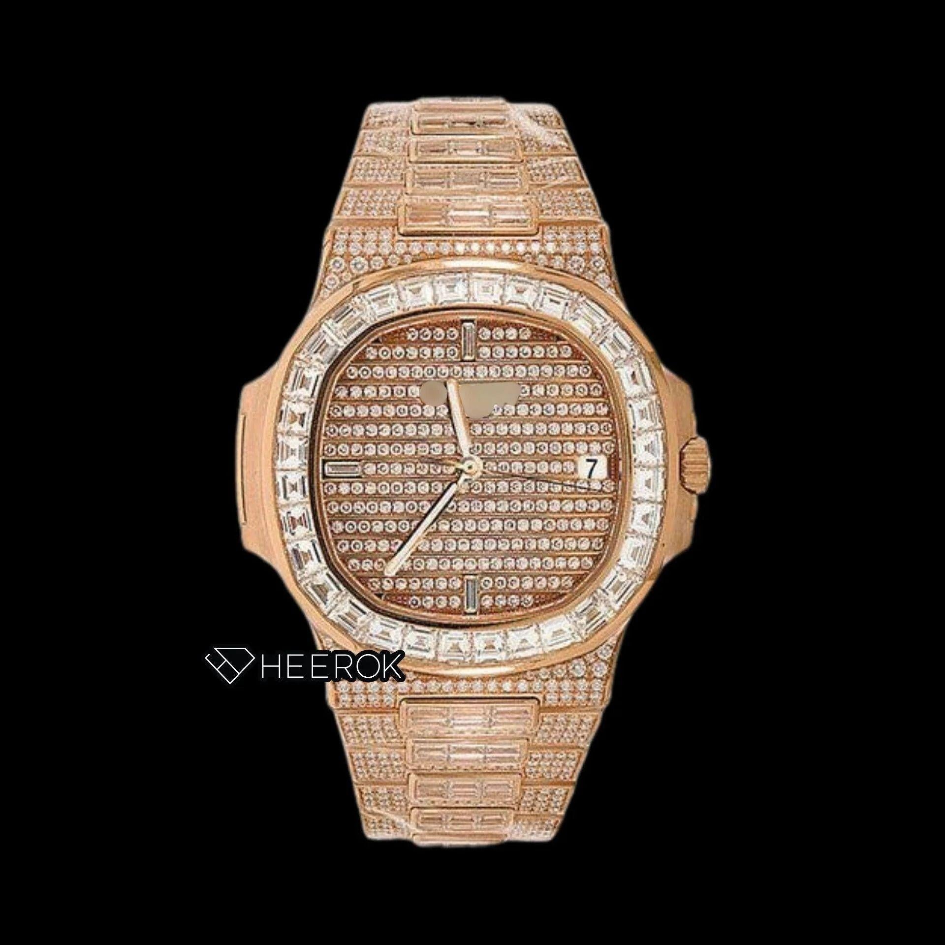 Patek Philippe Nautilus Rose Gold Pave Dial Baguette Diamond Bezel Fully Iced Moissanite Diamond