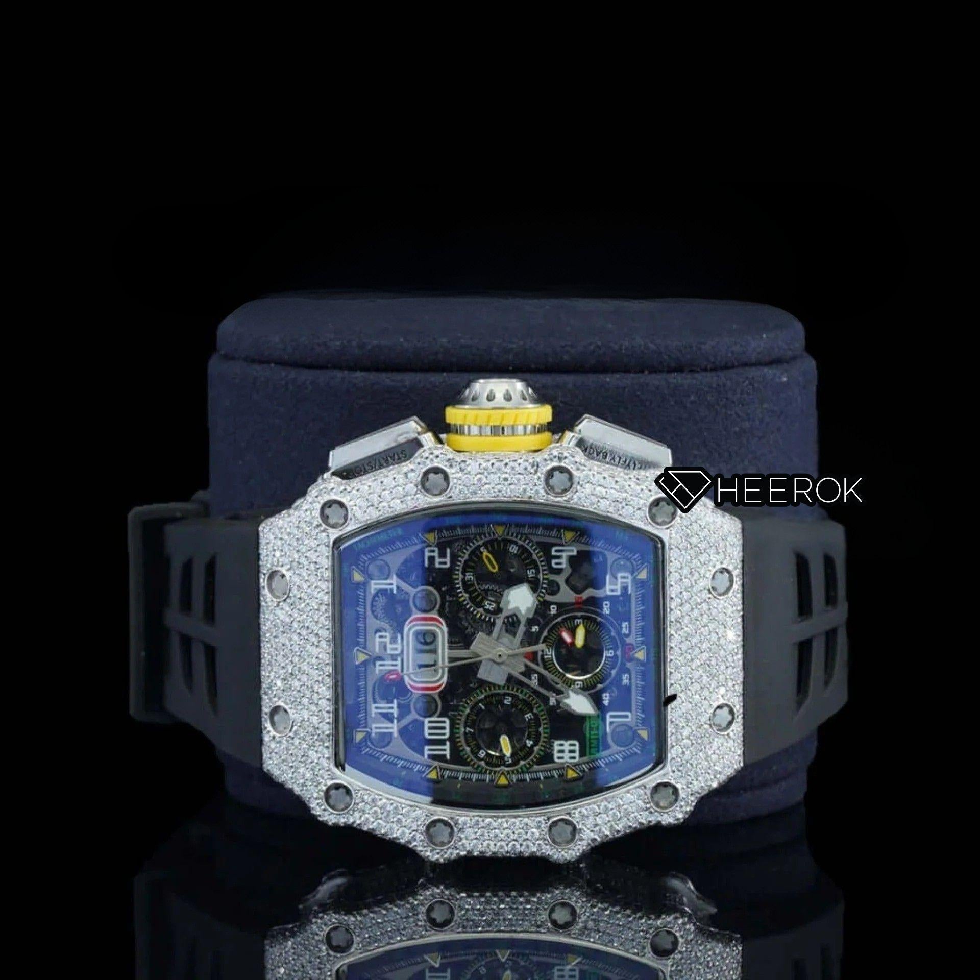 Richard Mille RM Tonneau Case Black Dial Chronograph Diamond Bezel Semi Iced Moissanite Diamond Black Rubber Strap