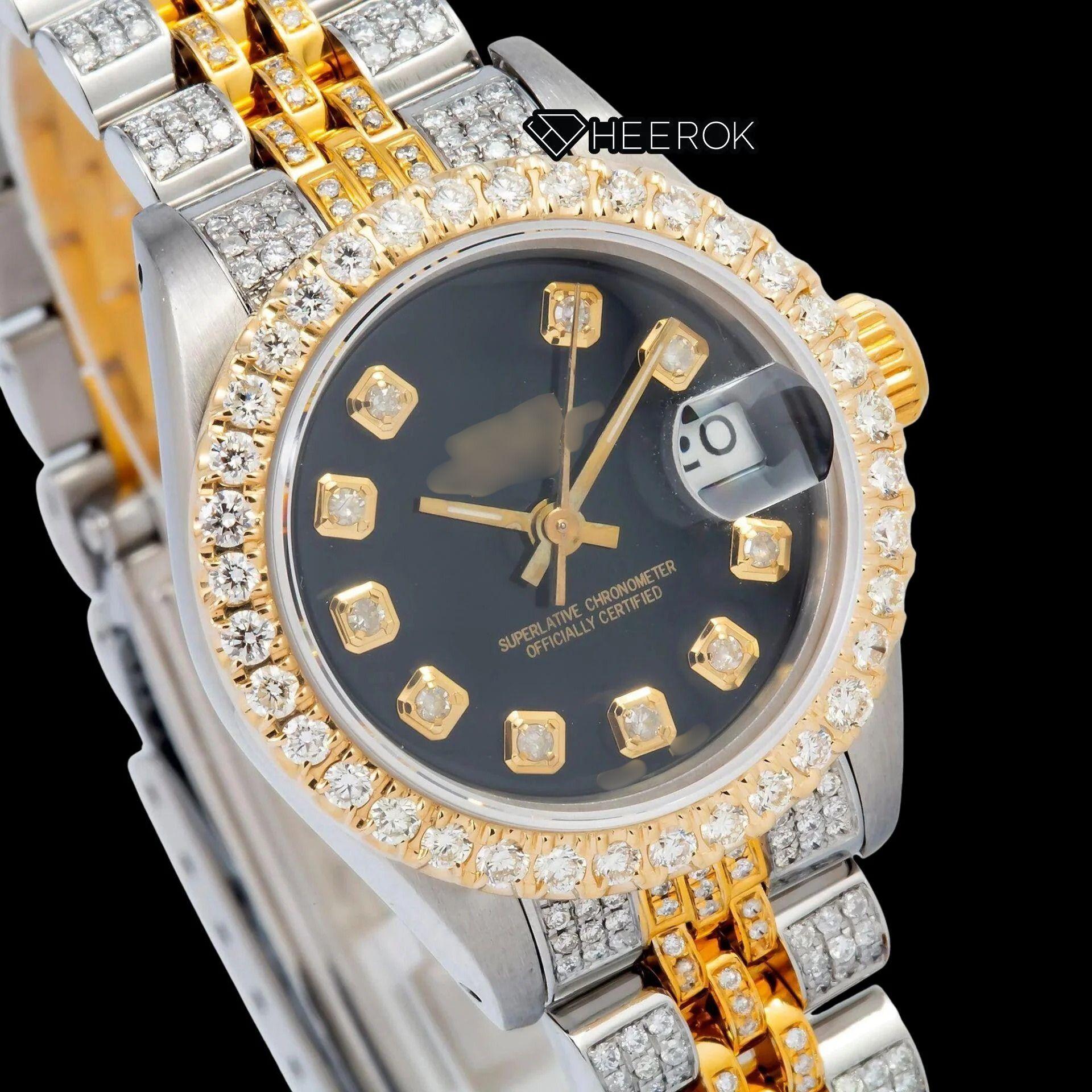 Rolex Datejust Black Dial Diamond Markers Diamond Bezel Two Tone Yellow Gold Fully Iced Moissanite Diamond Jubilee Bracelet For Women