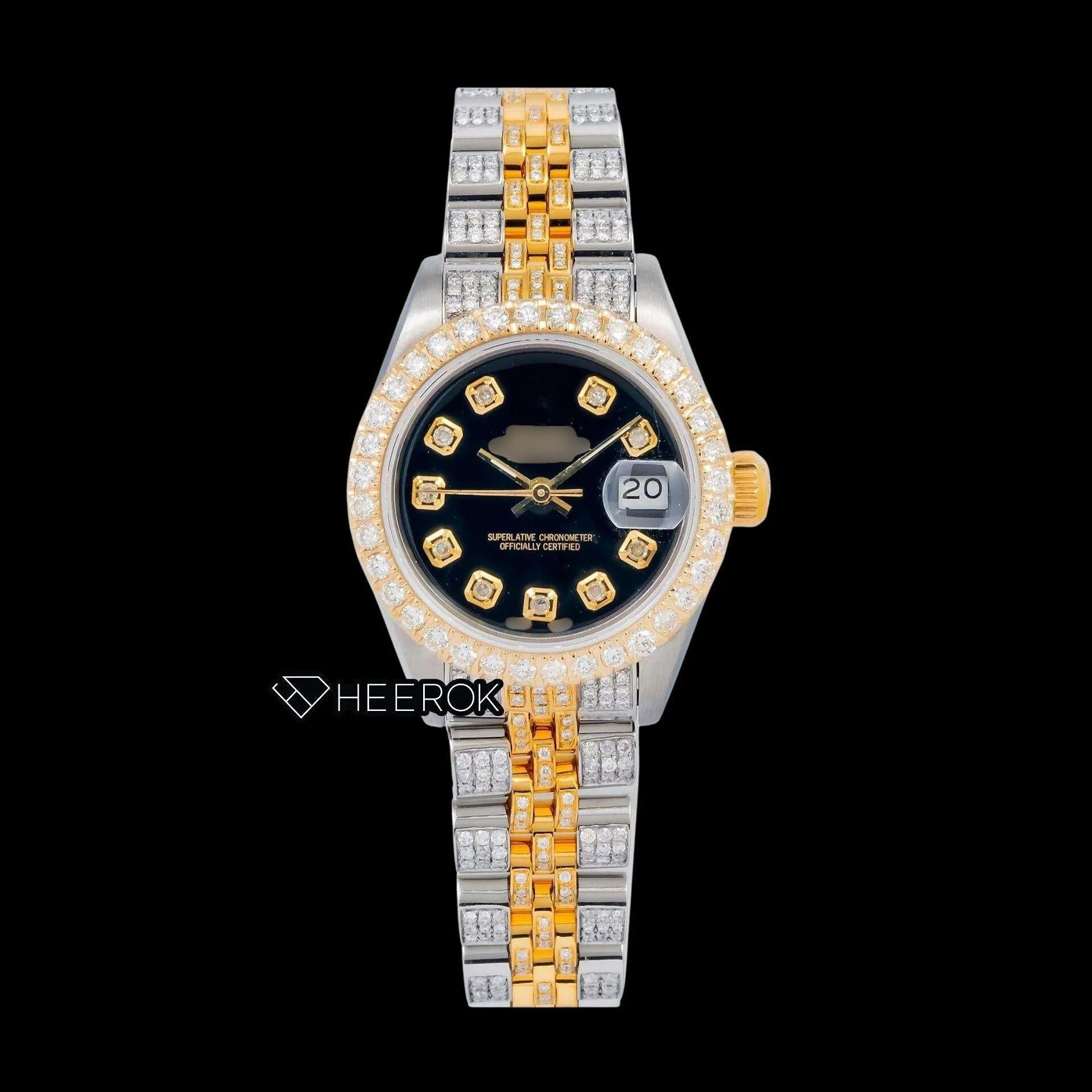 Rolex Datejust Black Dial Diamond Markers Diamond Bezel Two Tone Yellow Gold Fully Iced Moissanite Diamond Jubilee Bracelet For Women