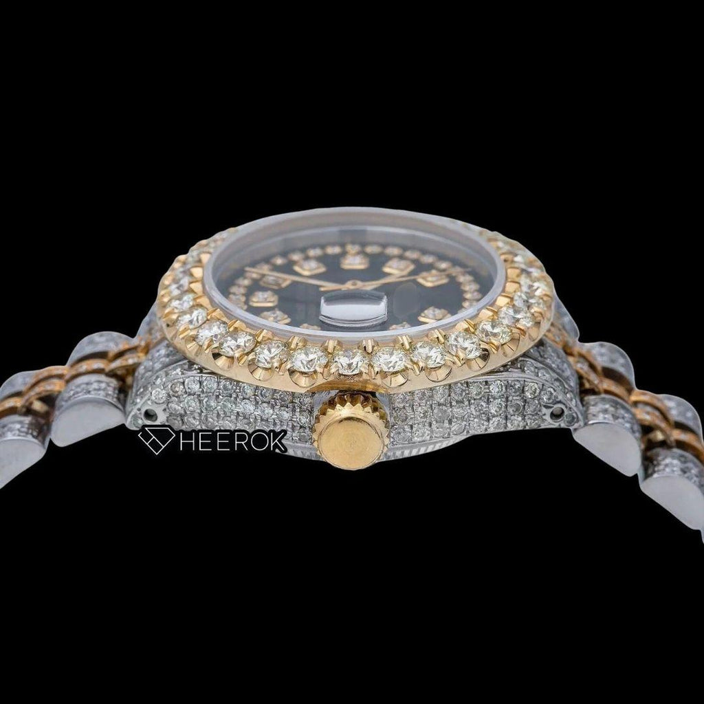 Rolex Datejust Black Dial Diamond Markers Large Round Diamond Bezel Two Tone Yellow Gold Moissanite Diamond Jubilee Bracelet For Women