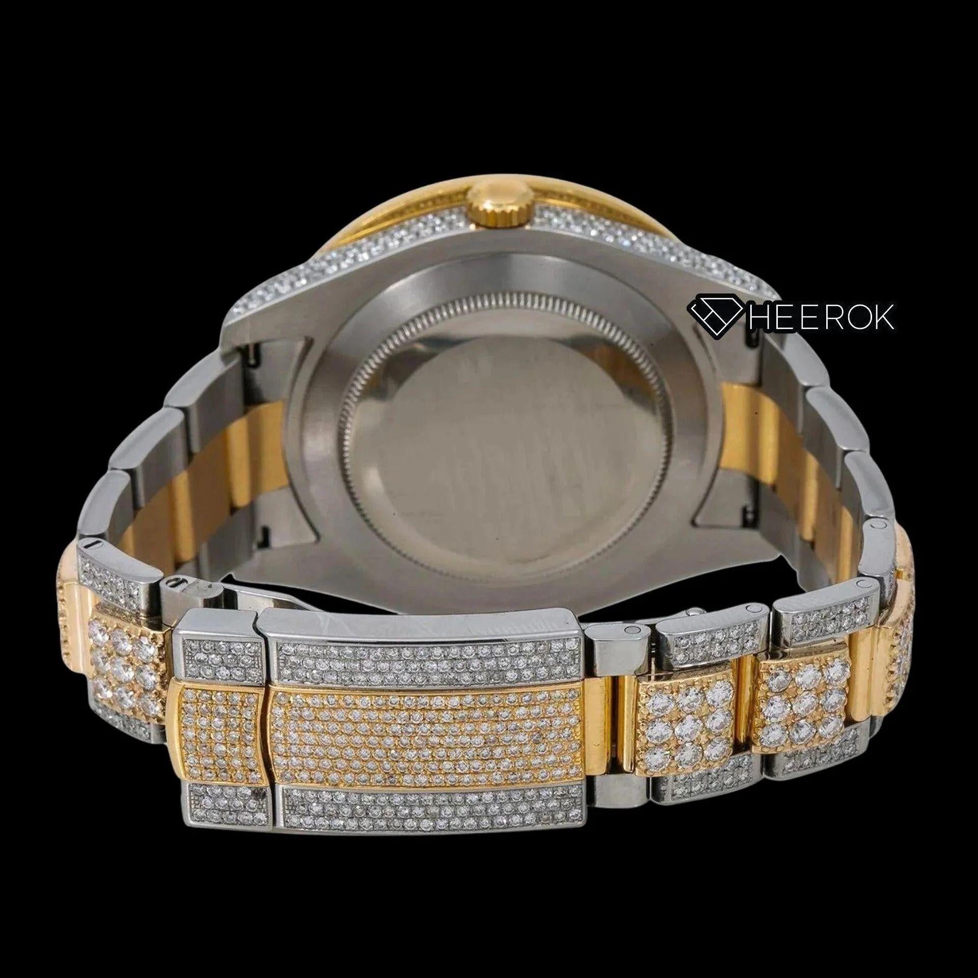 Rolex Datejust Black Dial Roman Diamond Numerals Diamond Bezel Two Tone Yellow Gold Fully Iced Moissanite Diamond Oyster Bracelet