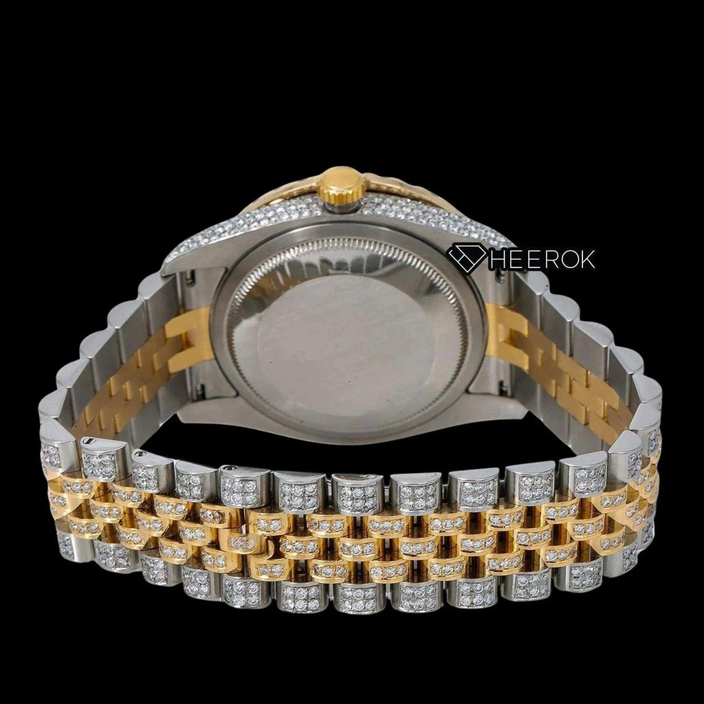 Rolex Datejust Black Dial Roman Diamond Numerals Diamond Bezel Two Tone Yellow Gold Iced Out Moissanite Diamond Jubilee Bracelet For Women