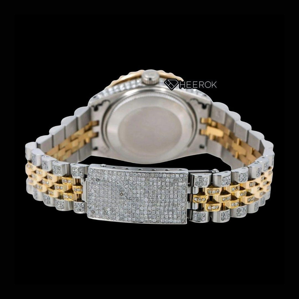 Rolex Datejust Black Dial Roman Diamond Numerals Large Diamond Bezel Two Tone Yellow Gold Moissanite Diamond Jubilee Bracelet For Women