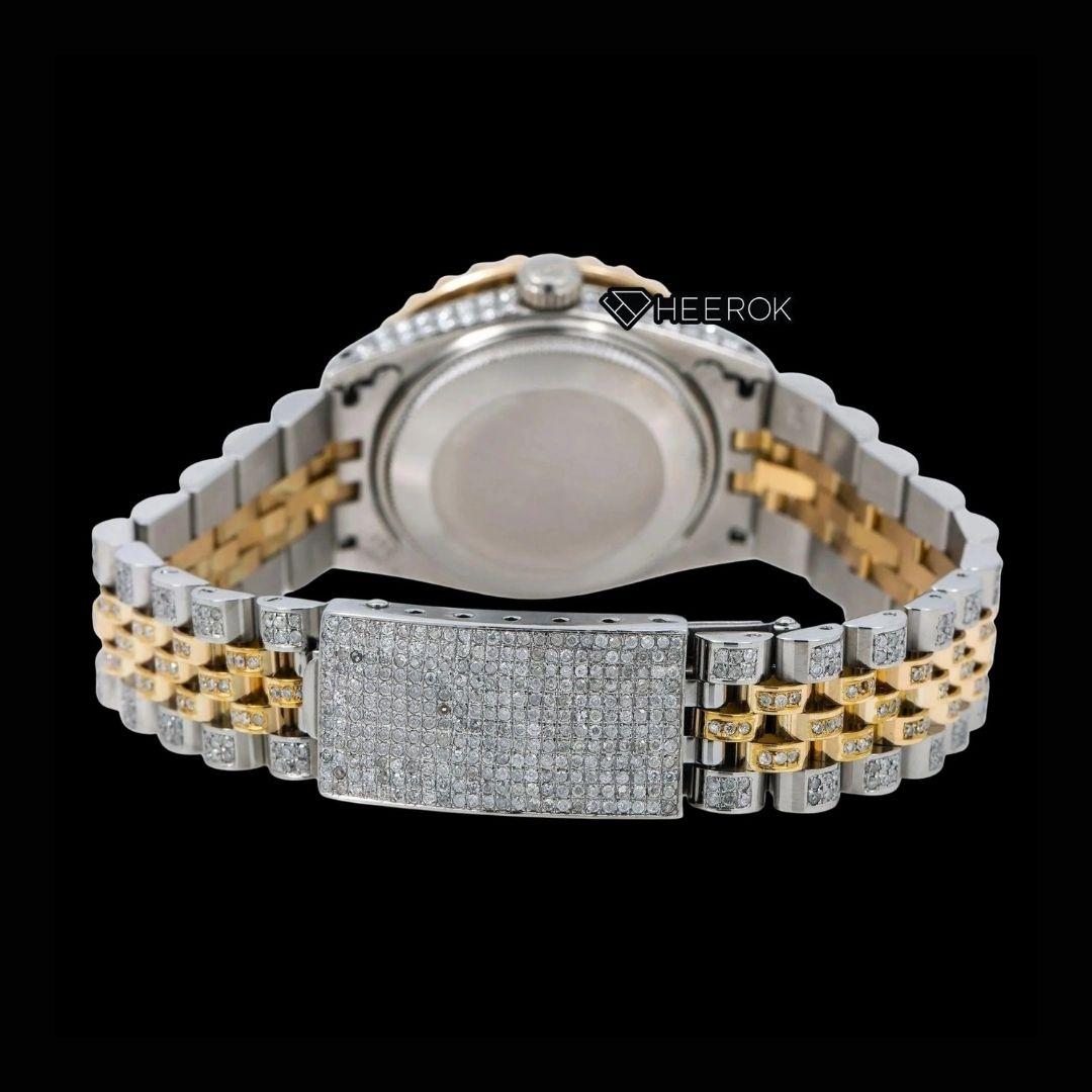 Rolex Datejust Black Dial Roman Diamond Numerals Large Diamond Bezel Two Tone Yellow Gold Moissanite Diamond Jubilee Bracelet For Women