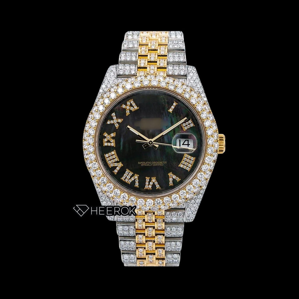 Rolex Datejust Black Dial Roman Numerals Diamond Bezel Two Tone Yellow Gold Moissanite Diamond Jubilee Bracelet Watch