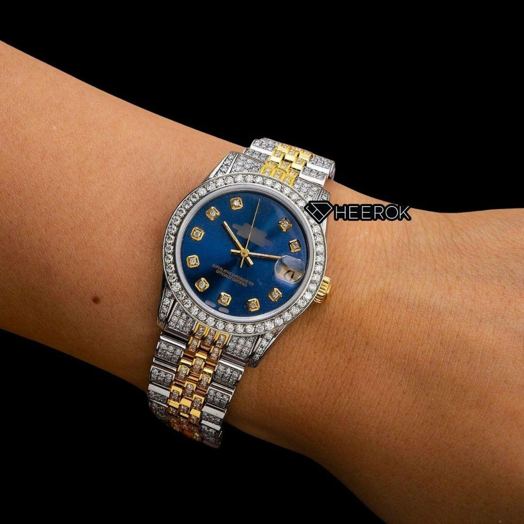 Rolex Datejust Blue Dial Diamond Markers Diamond Bezel Two Tone Yellow Gold Moissanite Diamond Jubilee Bracelet For Women