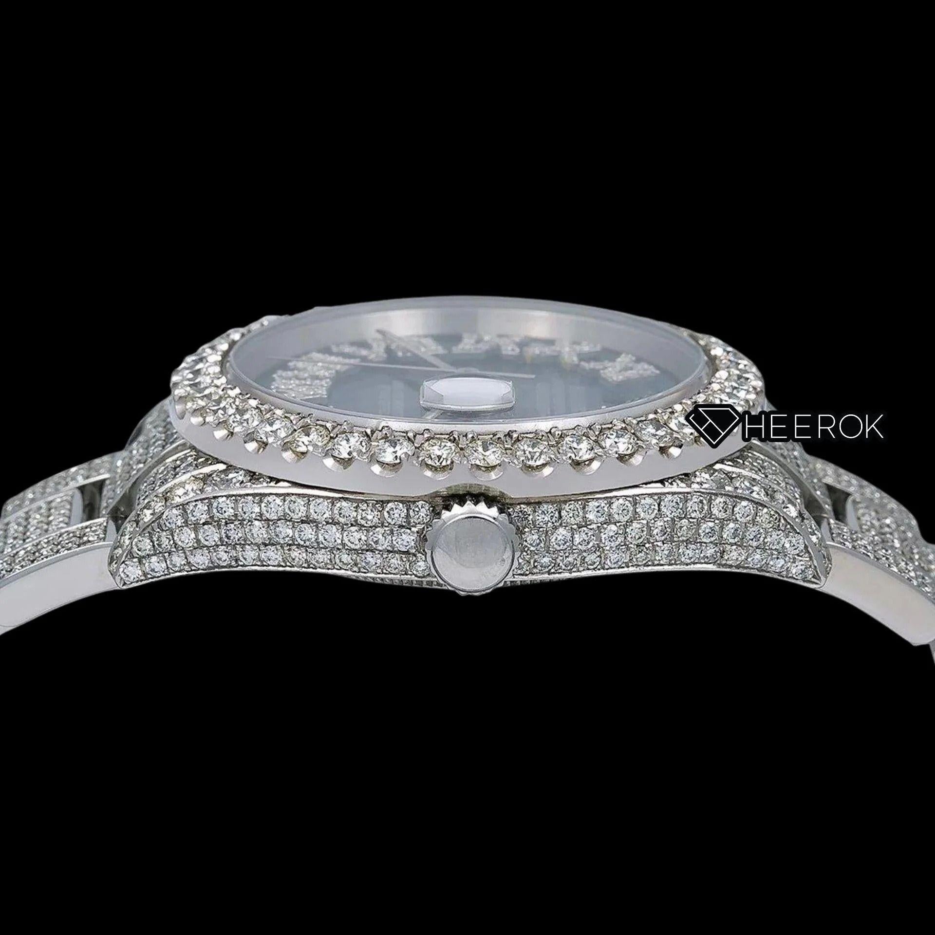 Rolex Datejust Blue Dial Roman Diamond Numerals Diamond Bezel Fully Iced Moissanite Diamond Oyster Bracelet For Women
