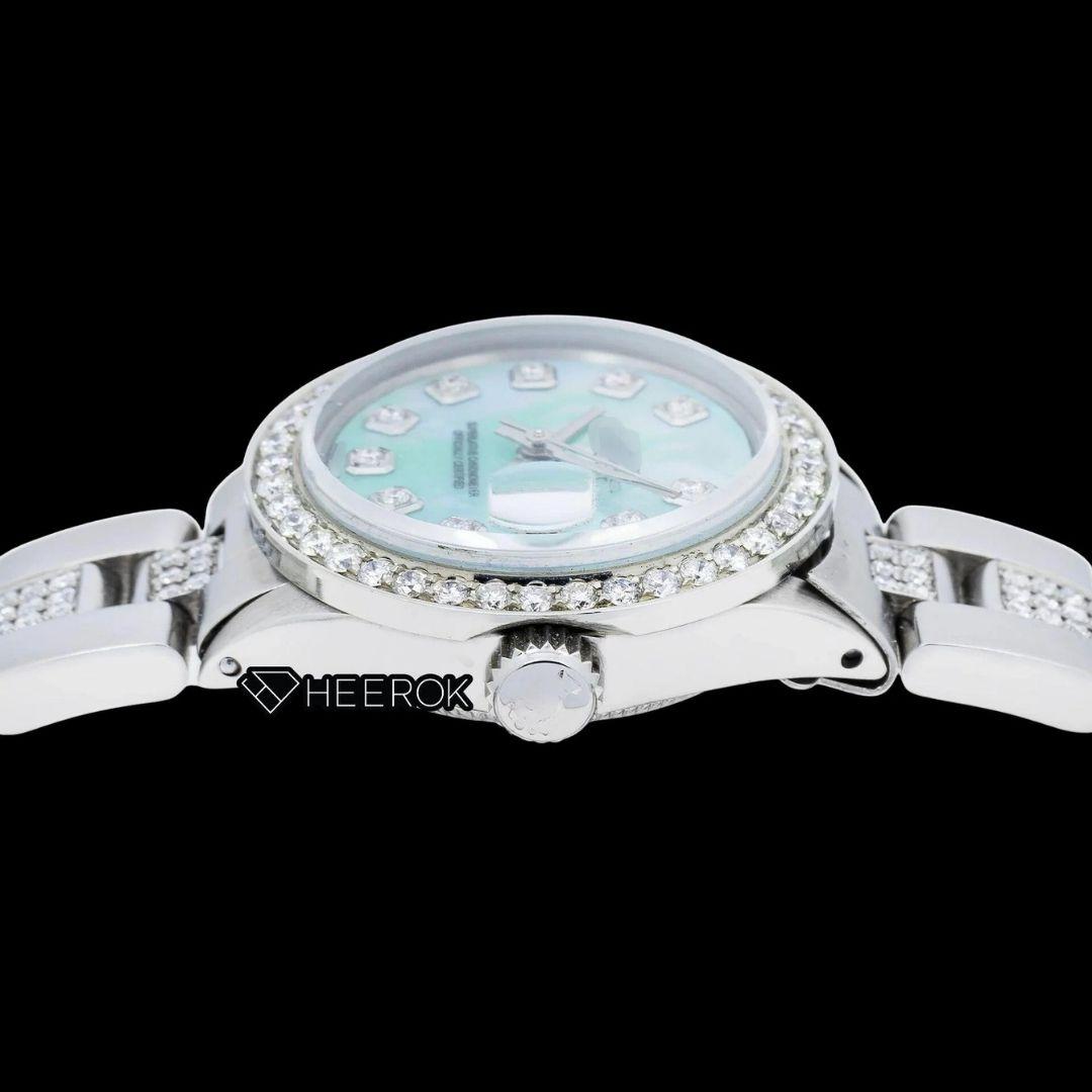 Rolex Datejust Blue Mother of Pearl Dial Diamond Markers Diamond Bezel Semi Iced Moissanite Diamond Oyster Bracelet For Women
