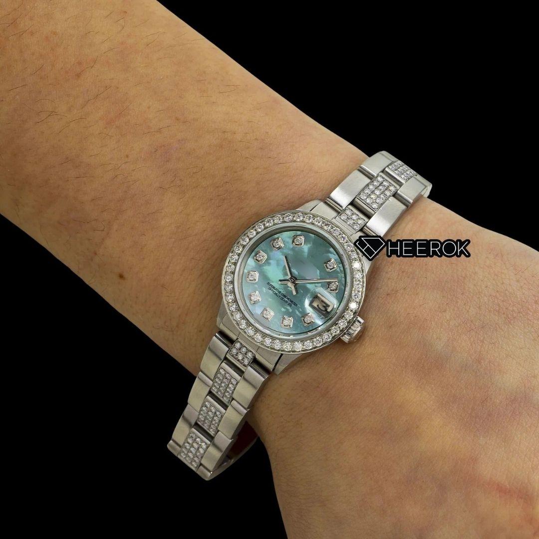 Rolex Datejust Blue Mother of Pearl Dial Diamond Markers Diamond Bezel Semi Iced Moissanite Diamond Oyster Bracelet For Women