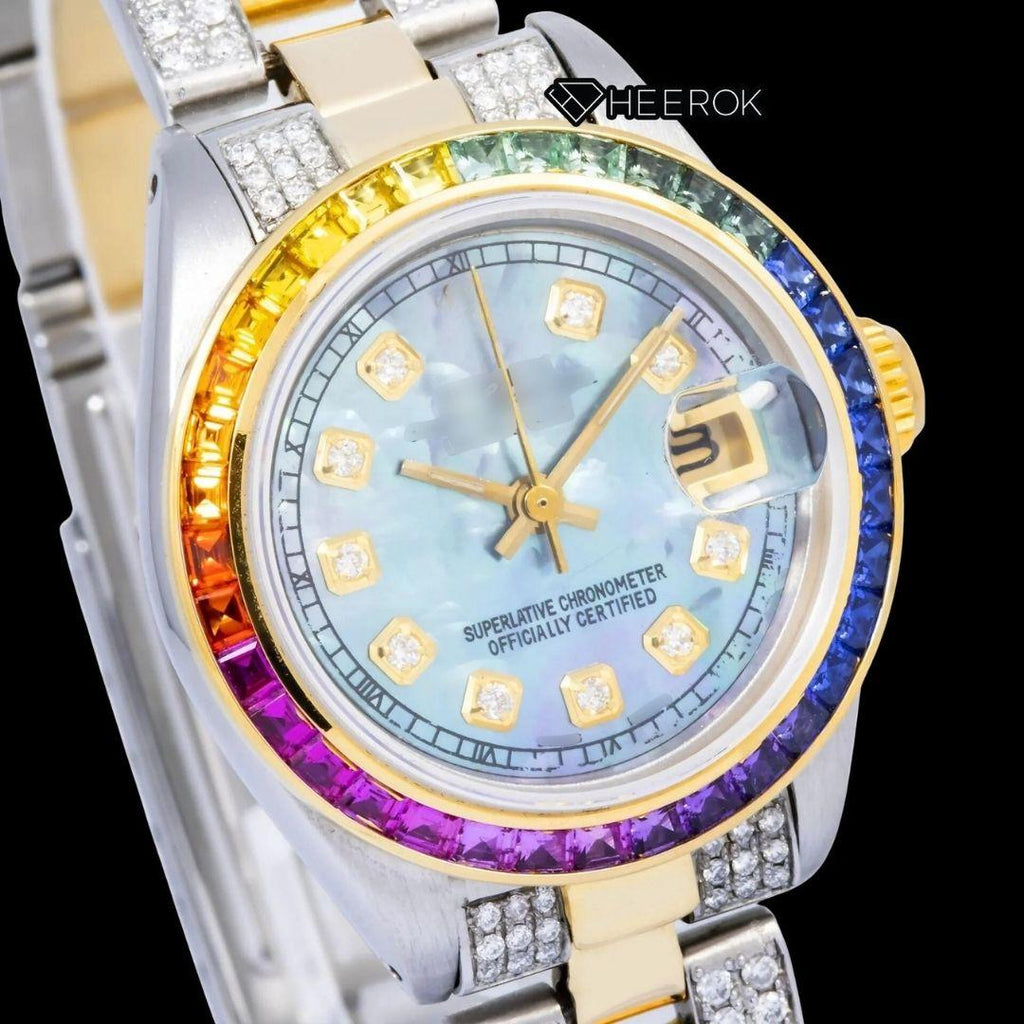 Rolex Datejust Blue Mother of Pearl Dial Diamond Markers Rainbow Diamond Bezel Two Tone Yellow Gold Moissanite Diamond Oyster Bracelet For Women
