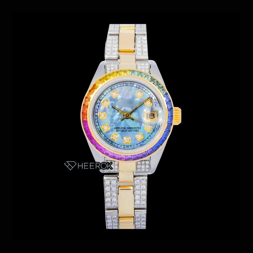 Rolex Datejust Blue Mother of Pearl Dial Diamond Markers Rainbow Diamond Bezel Two Tone Yellow Gold Moissanite Diamond Oyster Bracelet For Women