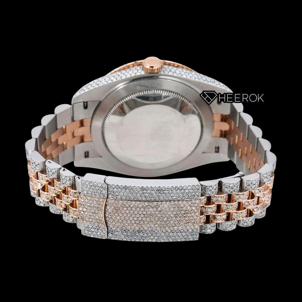 Rolex Datejust Brown Dial White Stick Markers Diamond Bezel Two Tone Rose Gold Fully Iced Moissanite Diamond Jubilee Bracelet For Women