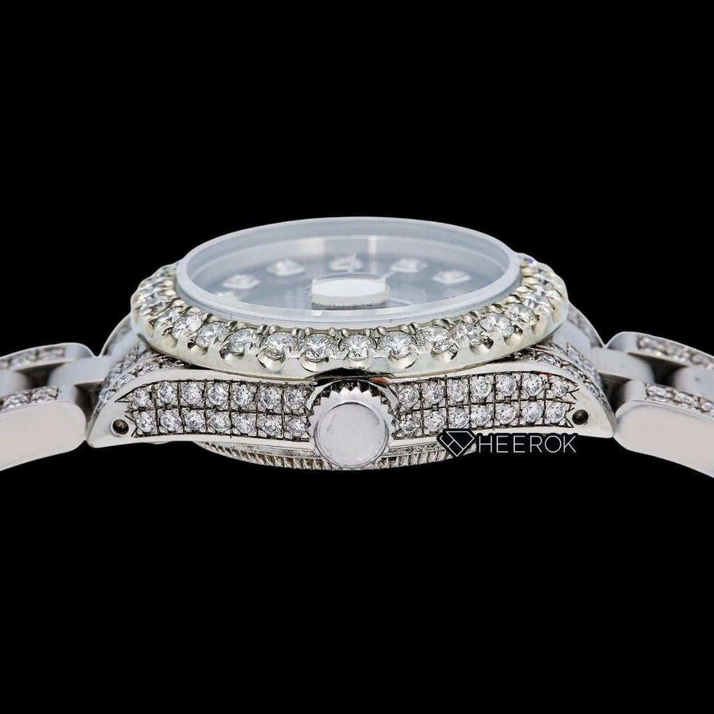 Rolex Datejust Diamond Markers Black Dial Large Diamond Bezel Semi Iced Moissanite Diamond Oyster Bracelet  For Women
