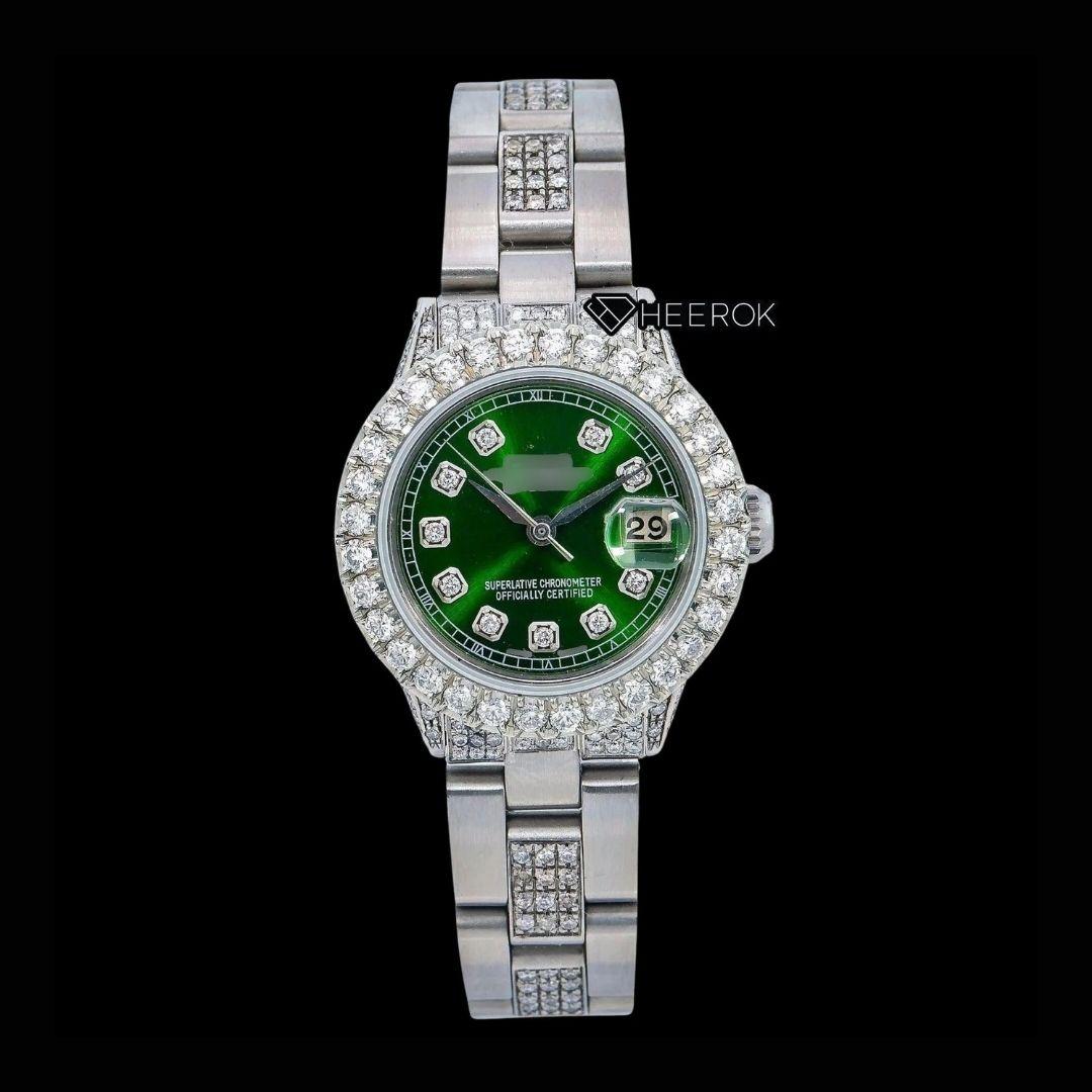 Rolex Datejust Diamond Markers Green Dial Large Diamond Bezel Semi Iced Moissanite Diamond Oyster Bracelet For Women