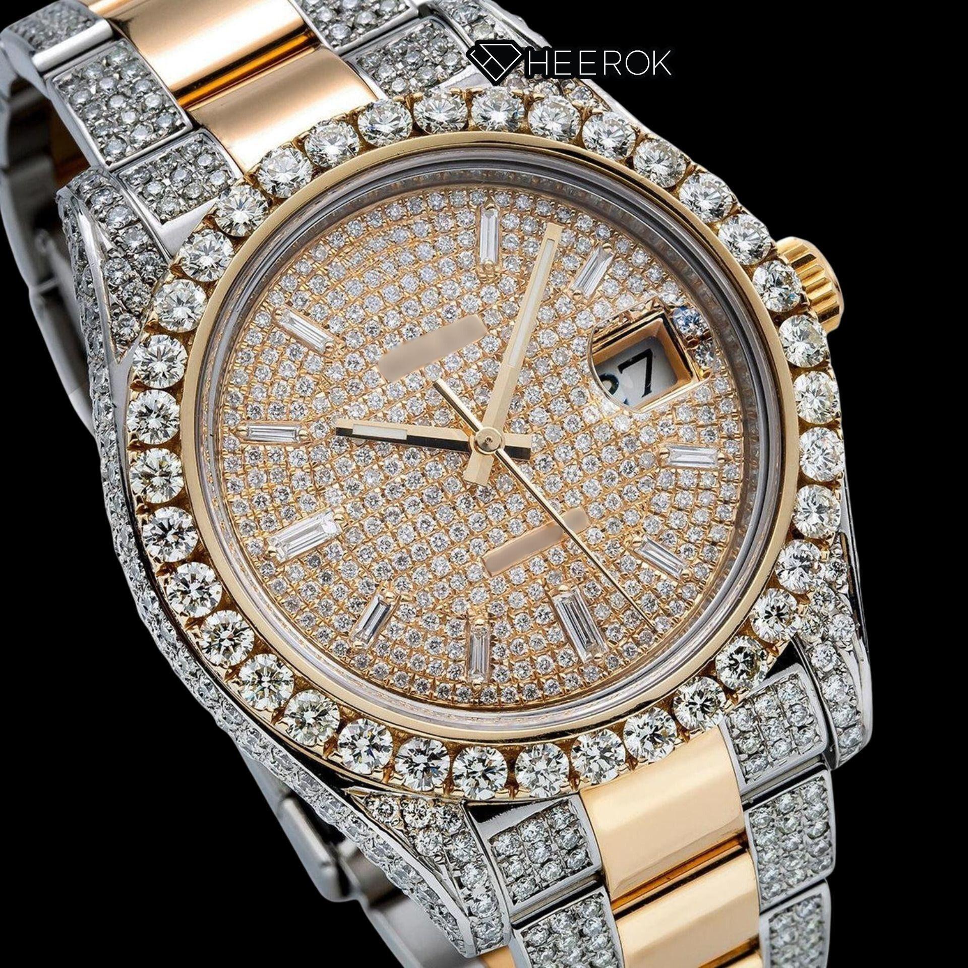 Rolex Datejust Diamond Paved Dial Baguette Diamond Markers Diamond Bezel Two Tone Yellow Gold Moissanite Diamond Oyster Bracelet Watch