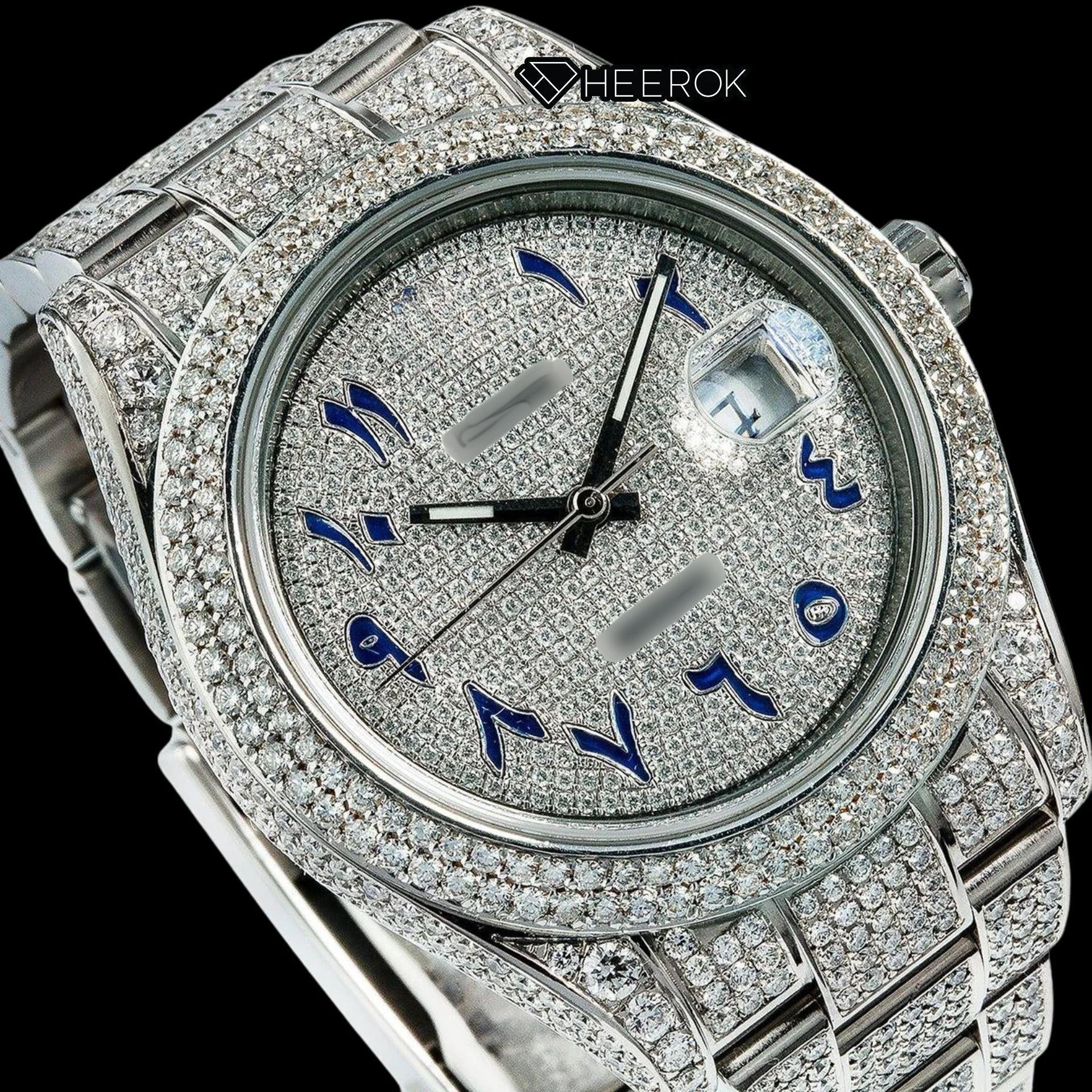 Rolex Datejust Diamond Paved Dial Blue Arabic Numerals Diamond Bezel Bust Down Moissanite Diamond Oyster Bracelet Watch