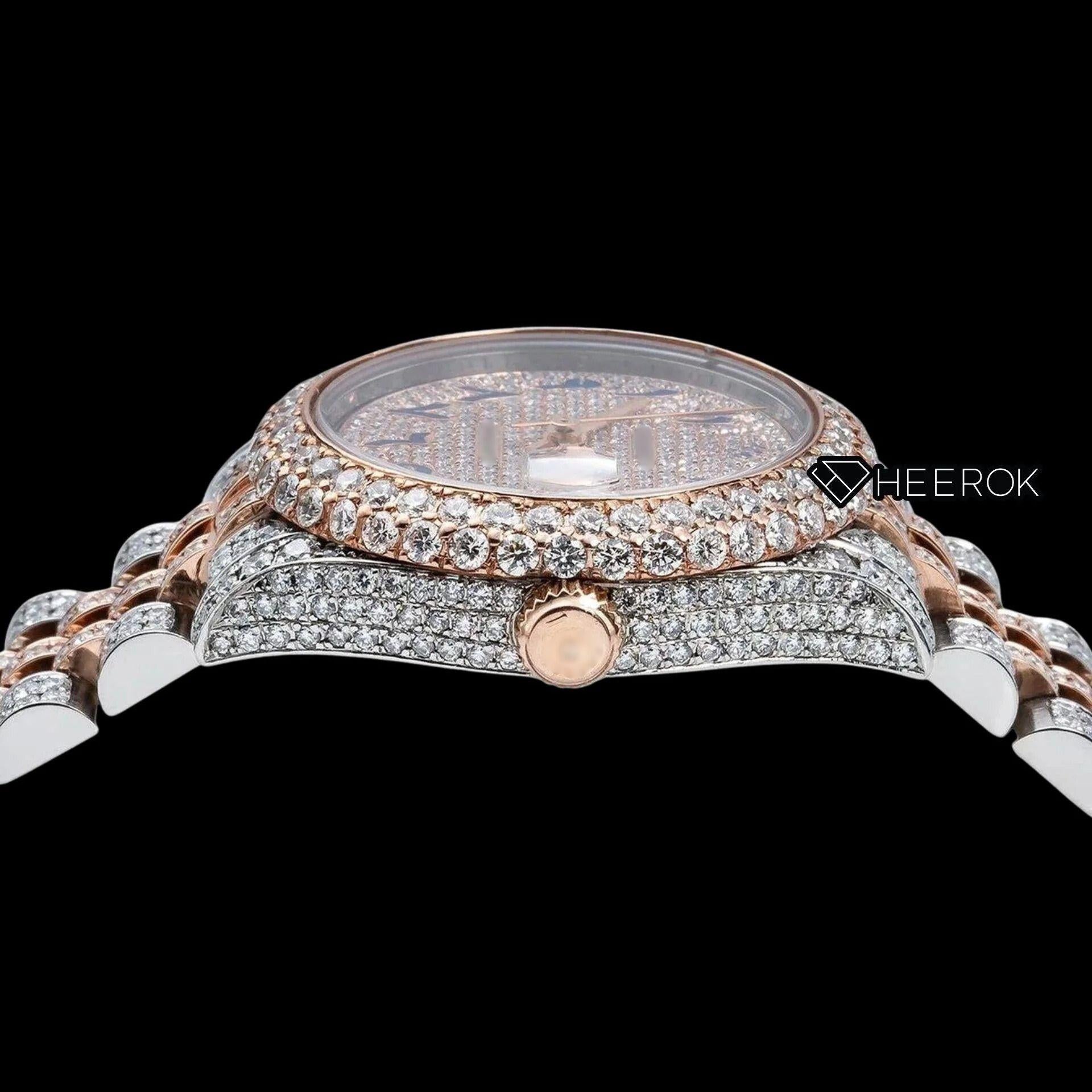 Rolex Datejust Diamond Paved Dial Blue Arabic Numerals Diamond Bezel Two Tone Rose Gold Fully Iced Moissanite Diamond Jubilee Bracelet For Women