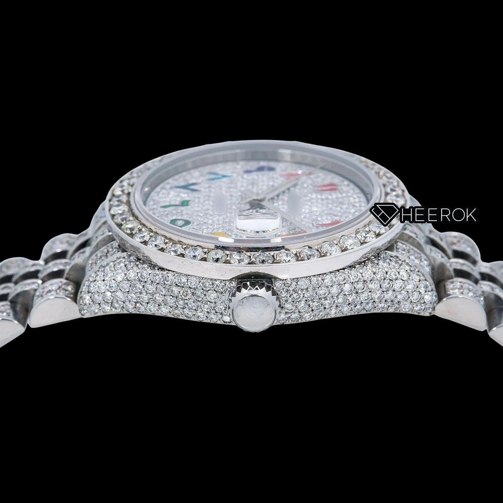 Rolex Datejust Diamond Paved Dial Multicolor Arabic Numerals Diamond Bezel Moissanite Diamond Jubilee Bracelet For Women