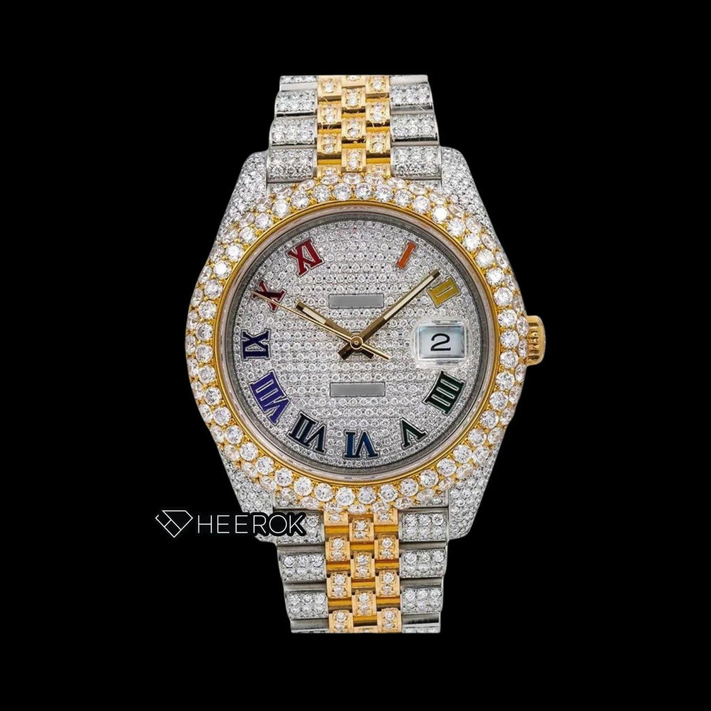 Rolex Datejust Diamond Paved Dial Multicolor Roman Numerals Diamond Bezel Two Tone Yellow Gold Bust Down Moissanite Diamond Jubilee Bracelet