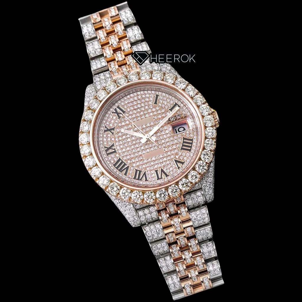 Rolex Datejust Diamond Paved Dial Roman Numerals Large Round Diamond Bezel Two Tone Rose Gold Fully Iced Moissanite Diamond Jubilee Bracelet