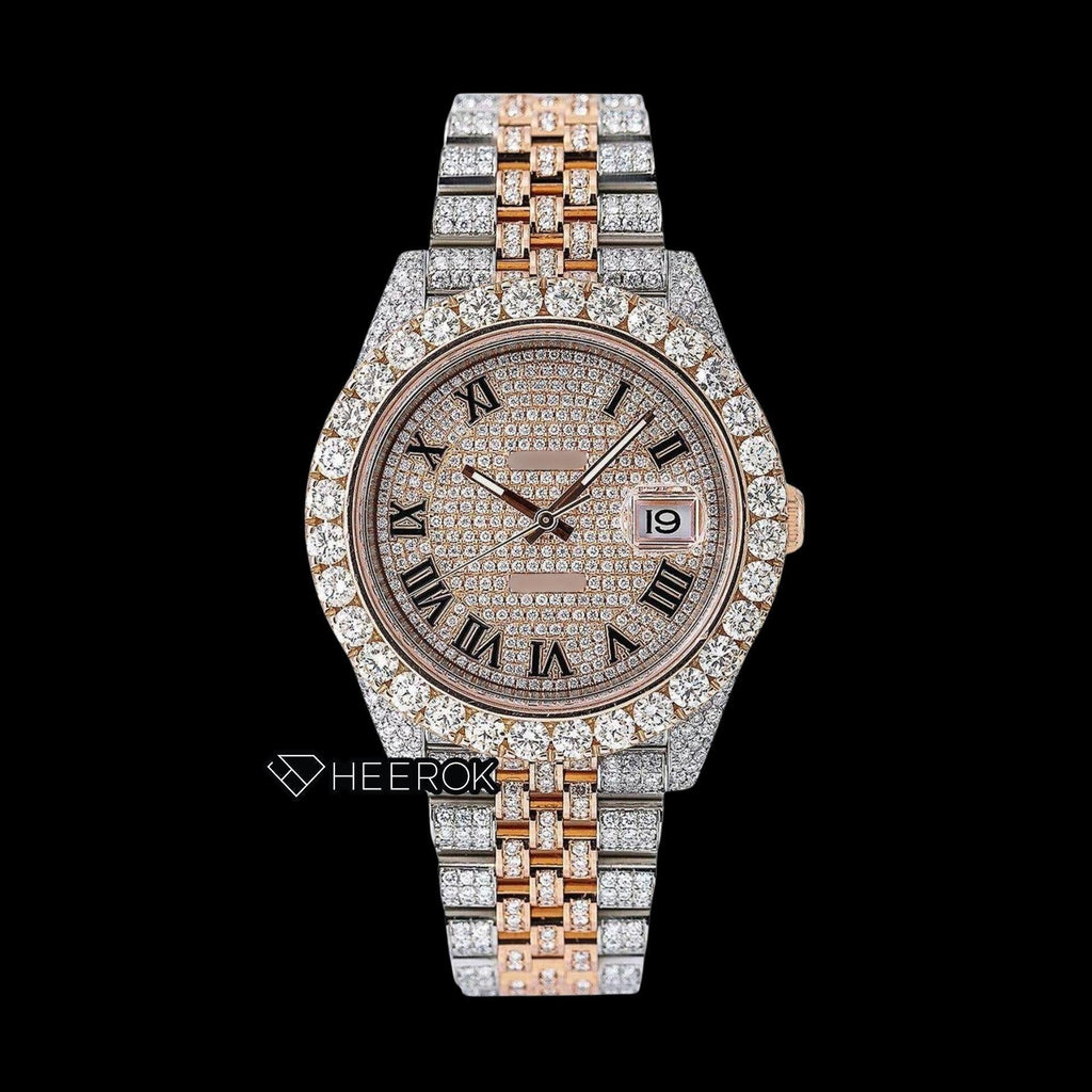 Rolex Datejust Diamond Paved Dial Roman Numerals Large Round Diamond Bezel Two Tone Rose Gold Fully Iced Moissanite Diamond Jubilee Bracelet