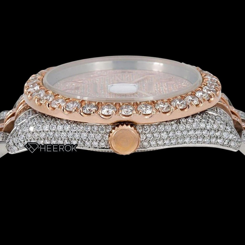 Rolex Datejust Diamond Paved Rose Gold Dial Red Arabic Numerals Diamond Bezel Two Tone Rose Gold Fully Iced Moissanite Diamond Jubilee Bracelet For Women
