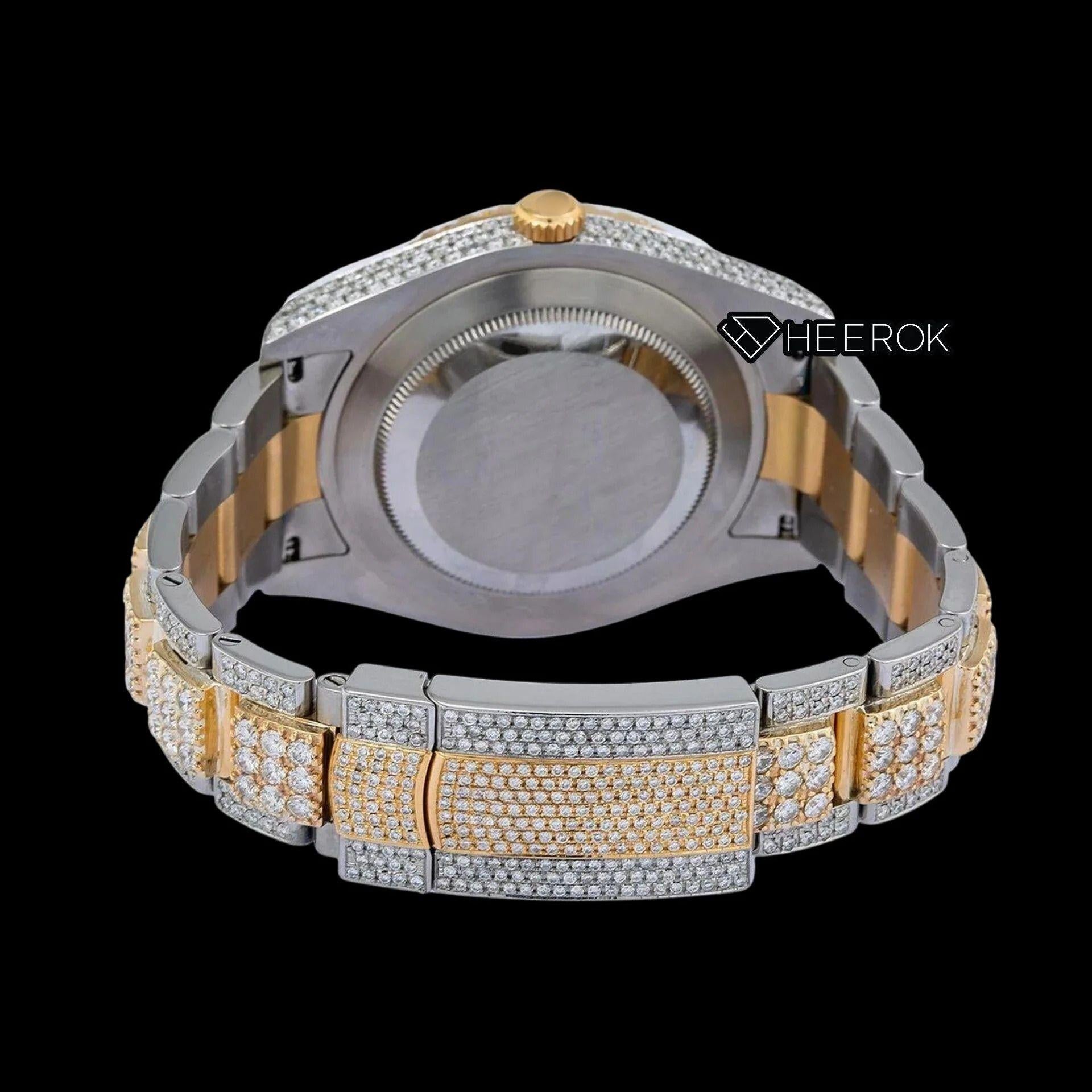 Rolex Datejust Diamond Paved Yellow Dial Roman Numerals Diamond Bezel Two Tone Yellow Gold Bust Down Moissanite Diamond Oyster Bracelet Watch