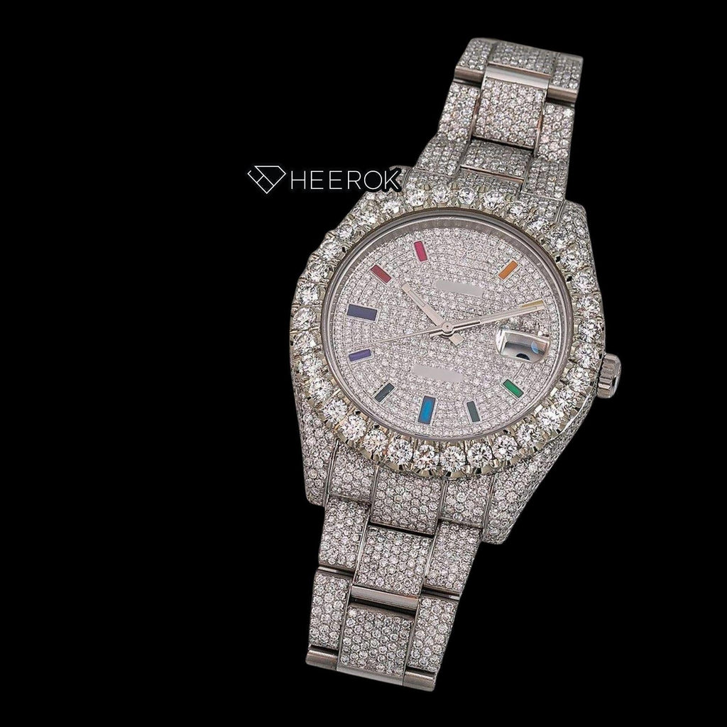 Rolex Datejust Full Diamond Paved Dial Multicolor Stick Markers Diamond Bezel Fully Iced Moissanite Diamond Oyster Bracelet
