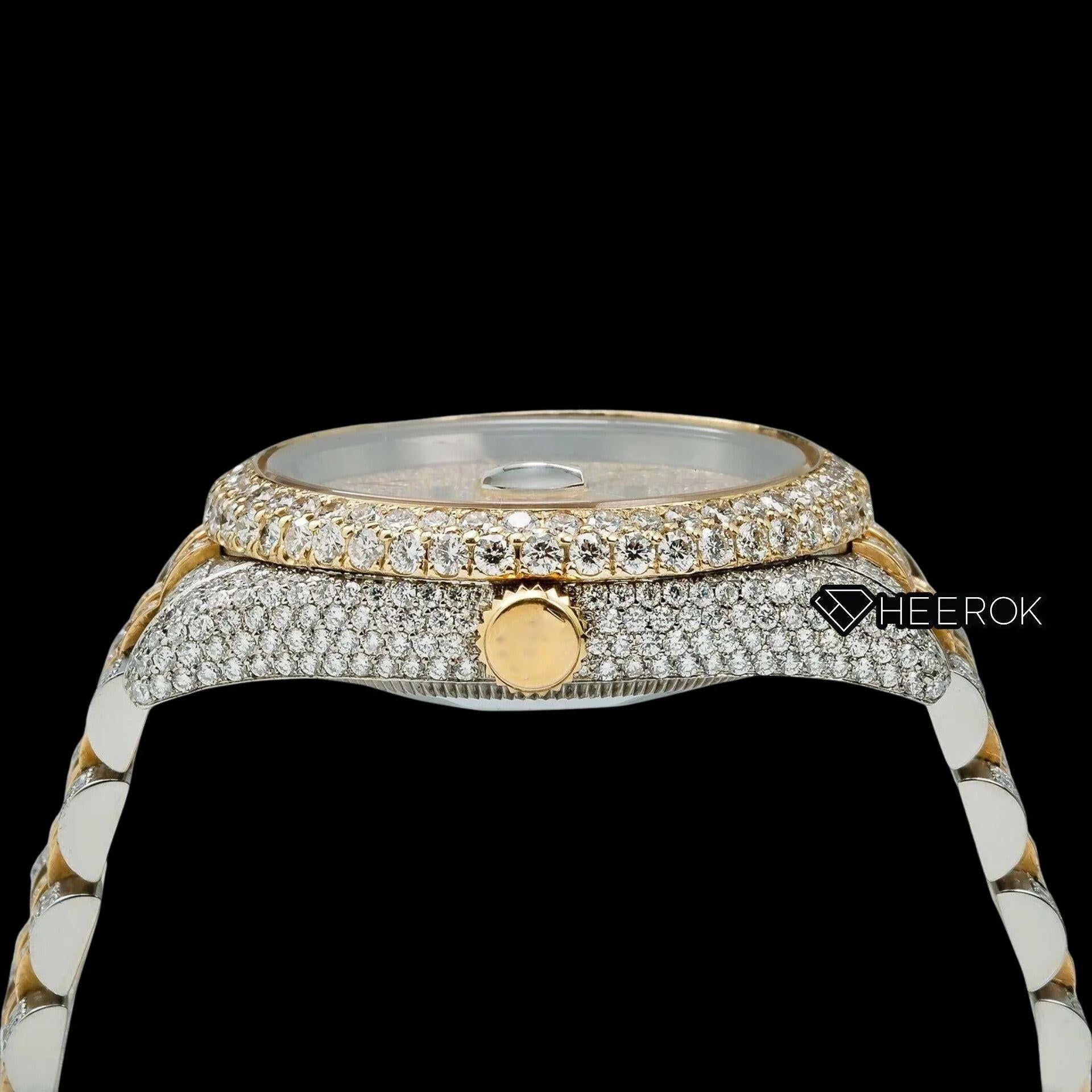 Rolex Datejust Full Pave Yellow Dial Red Arabic Numerals Diamond Bezel Two Tone Yellow Gold Moissanite Diamond Jubilee Bracelet For Women
