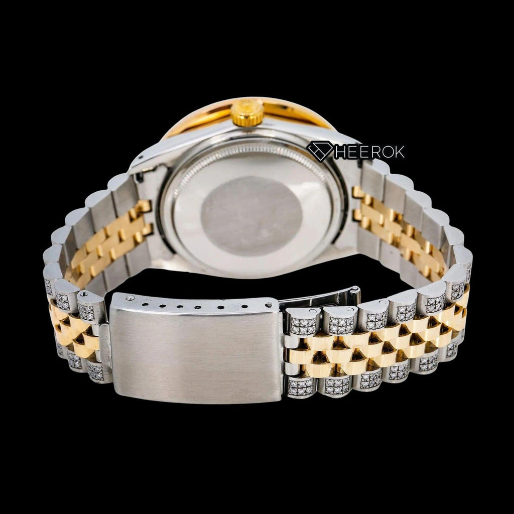 Rolex Datejust Full Paved Yellow Dial Multicolor Stick Markers Rainbow Diamond Bezel Two Tone Yellow Gold Semi Iced Moissanite Diamond Jubilee Bracelet Watch For Women
