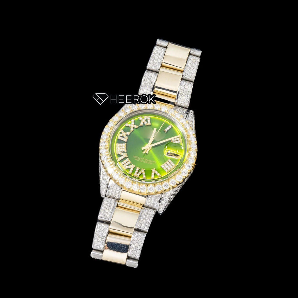 Rolex Datejust Green Dial Roman Diamond Numerals Diamond Bezel Two Tone Yellow Gold Semi Iced Moissanite Diamond Oyster Bracelet For Women