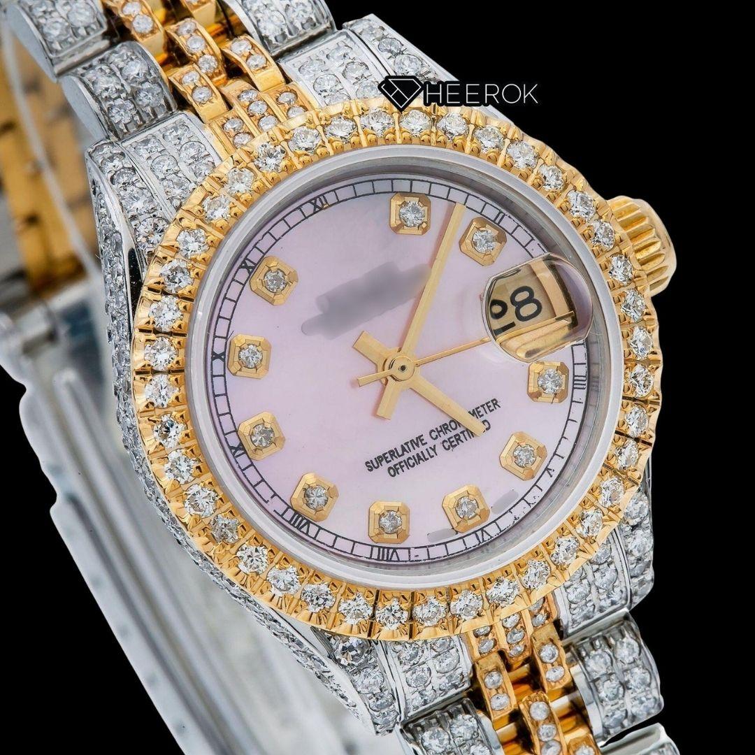 Rolex Datejust Pink Dial Diamond Markers Diamond Bezel Two Tone Yellow Gold Fully Iced Moissanite Diamond Jubilee Bracelet For Women