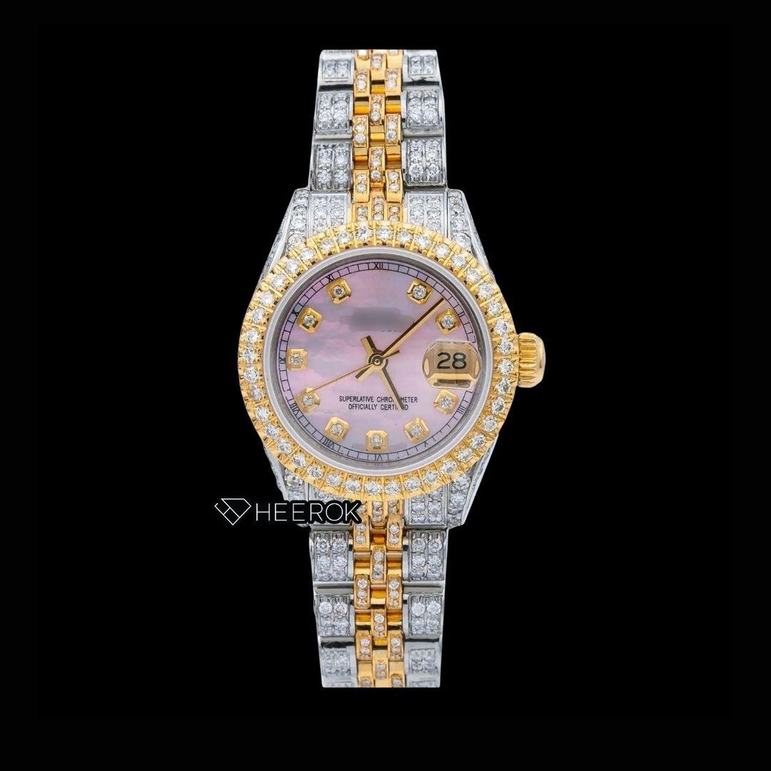Rolex Datejust Pink Dial Diamond Markers Diamond Bezel Two Tone Yellow Gold Fully Iced Moissanite Diamond Jubilee Bracelet For Women