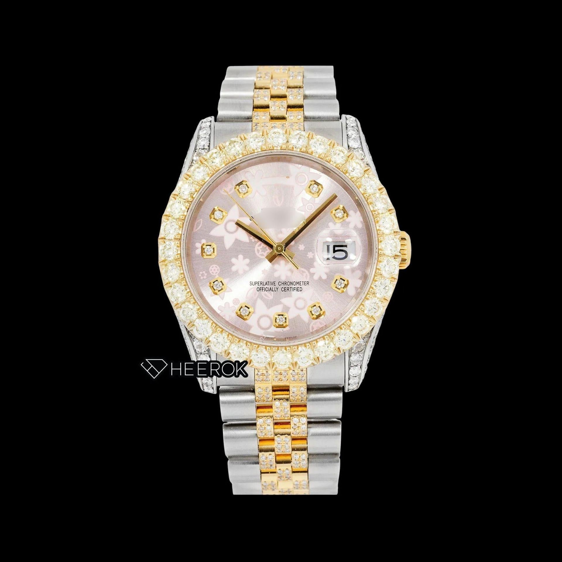 Rolex Datejust Pink Floral Dial Diamond Markers Large Round Diamond Bezel Two Tone Yellow Gold Semi Iced Moissanite Diamond Jubilee Bracelet For Women