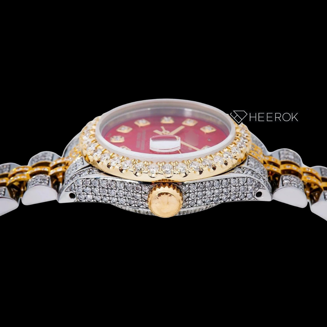 Rolex Datejust Red Dial Diamond Markers Diamond Bezel Two Tone Yellow Gold Moissanite Diamond Jubilee Bracelet For Women