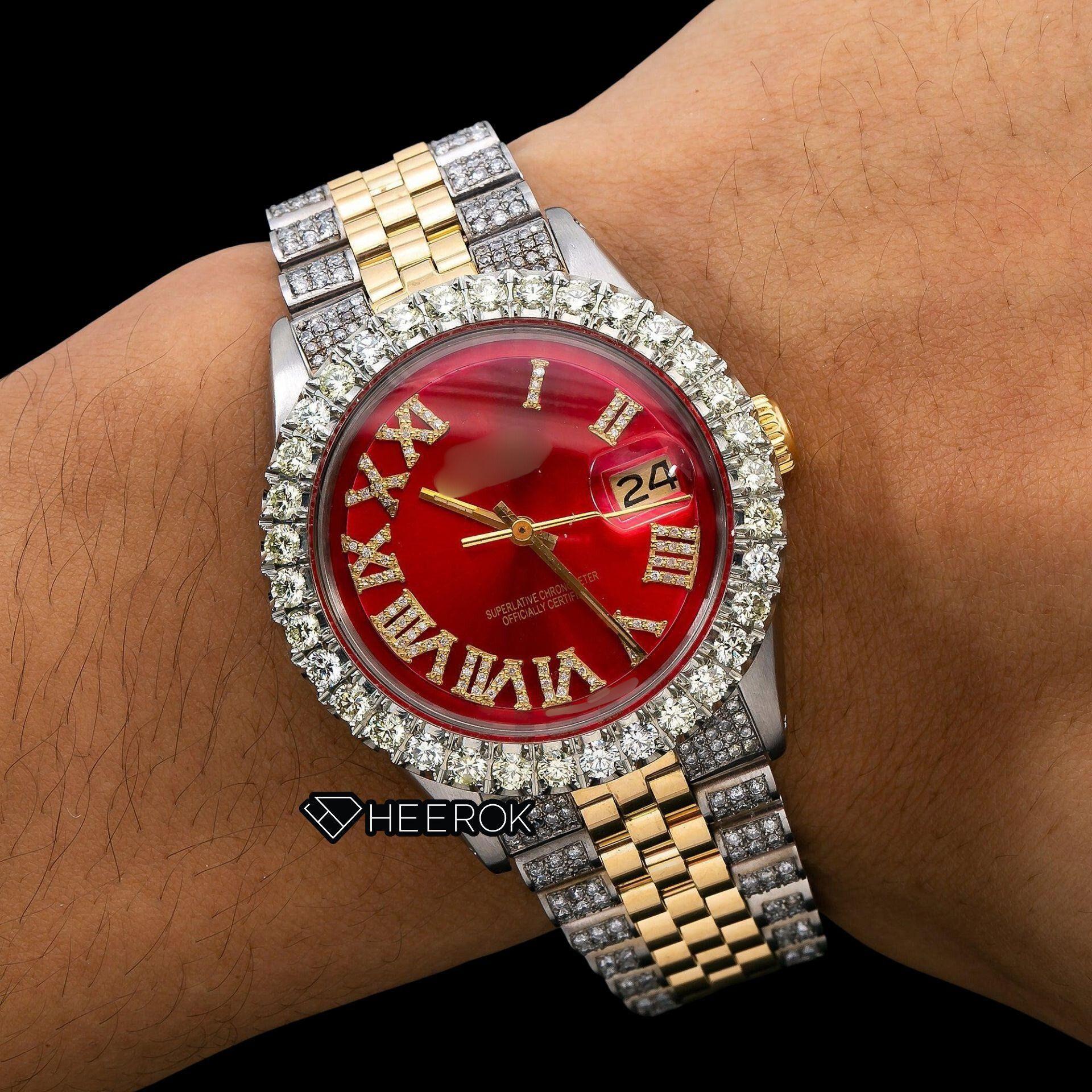 Rolex Datejust Red Dial Roman Diamond Numerals Diamond Bezel Two Tone Yellow Gold Semi Iced Moissanite Diamond Jubilee Bracelet For Women