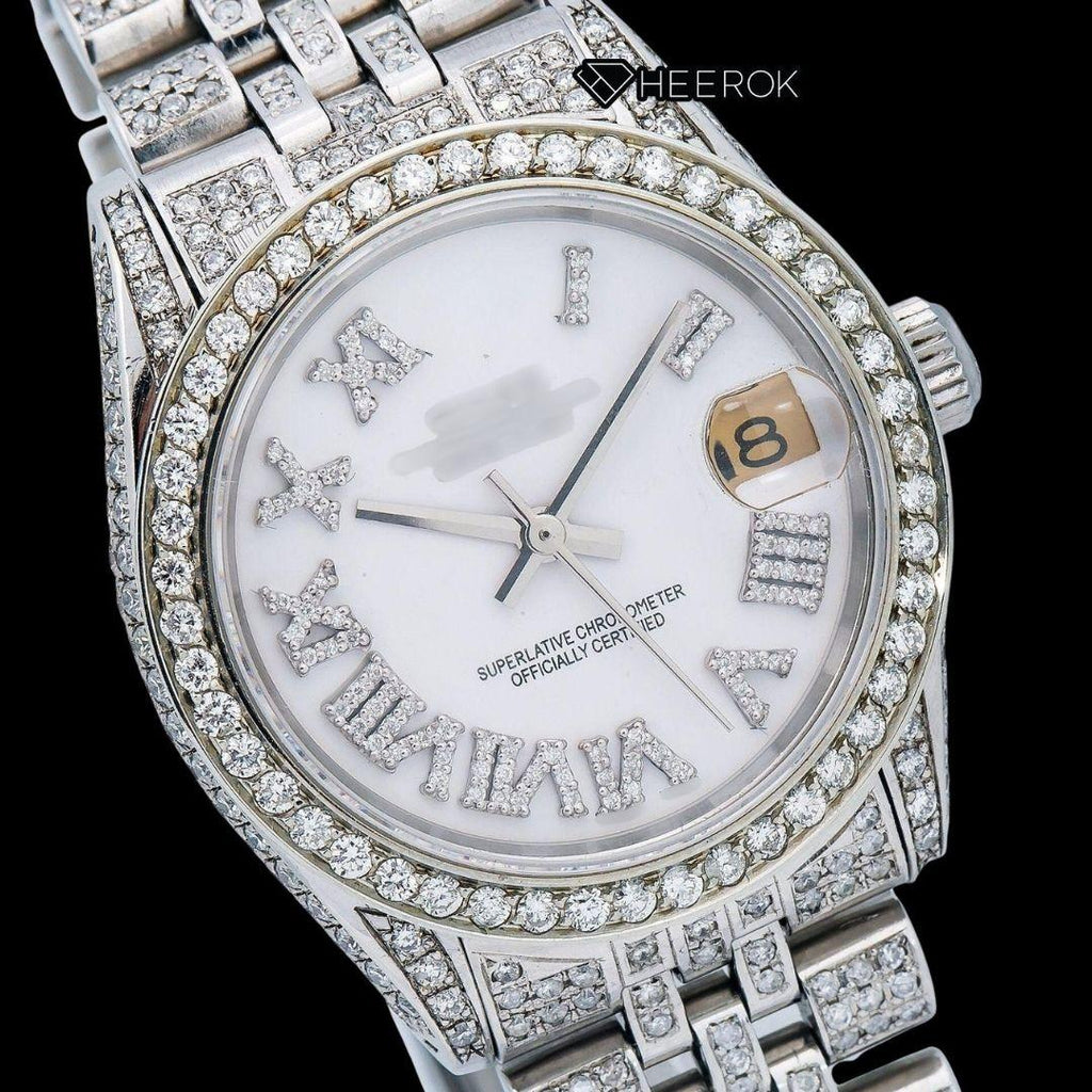 Rolex Datejust Roman Diamond Numerals Dial Diamond Bezel Fully Iced Moissanite Diamond Jubilee Bracelet For Women