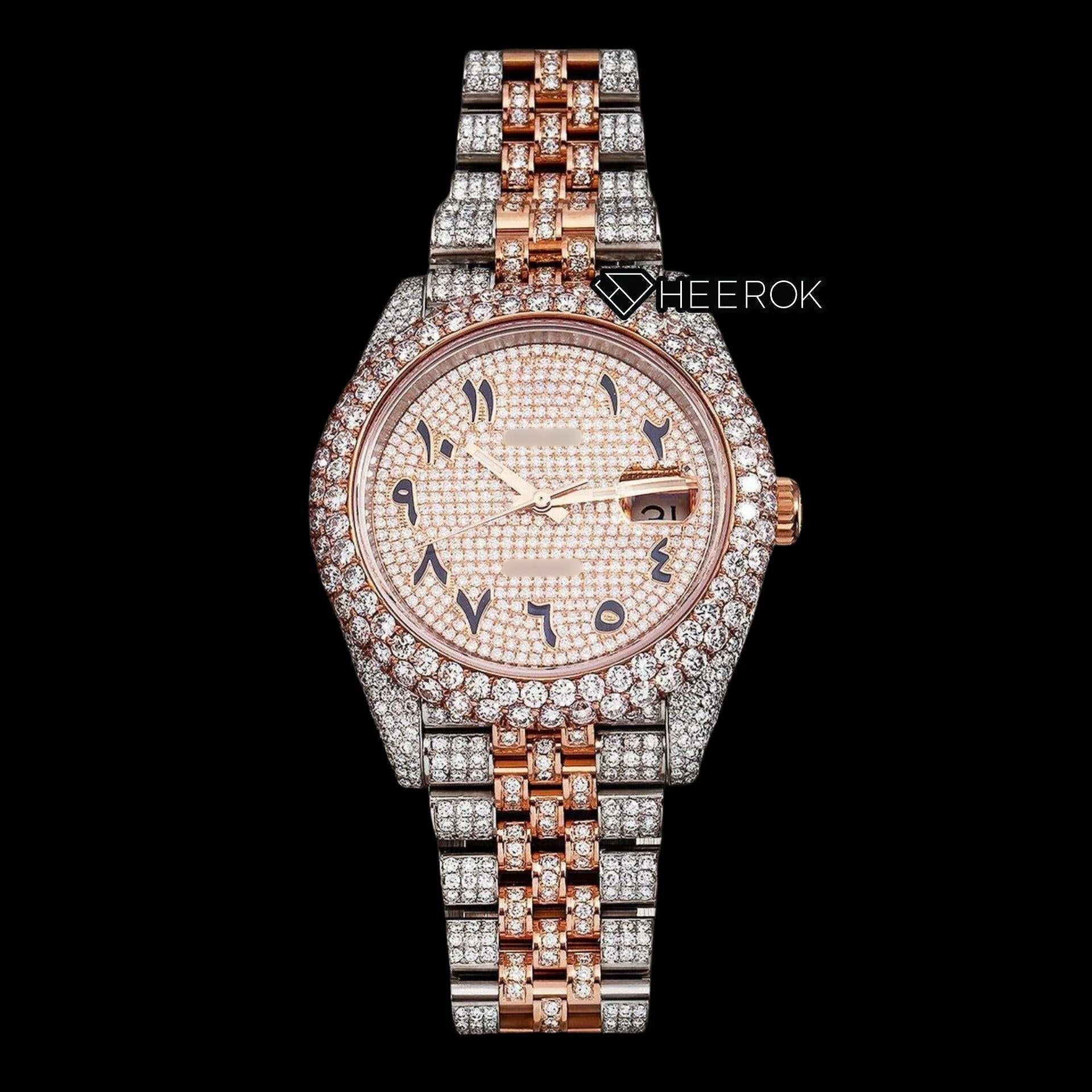 Rolex Datejust Rose Gold Diamond Paved Dial Arabic Numerals Diamond Bezel Two Tone Rose Gold Fully Iced Moissanite Diamond Jubilee Bracelet
