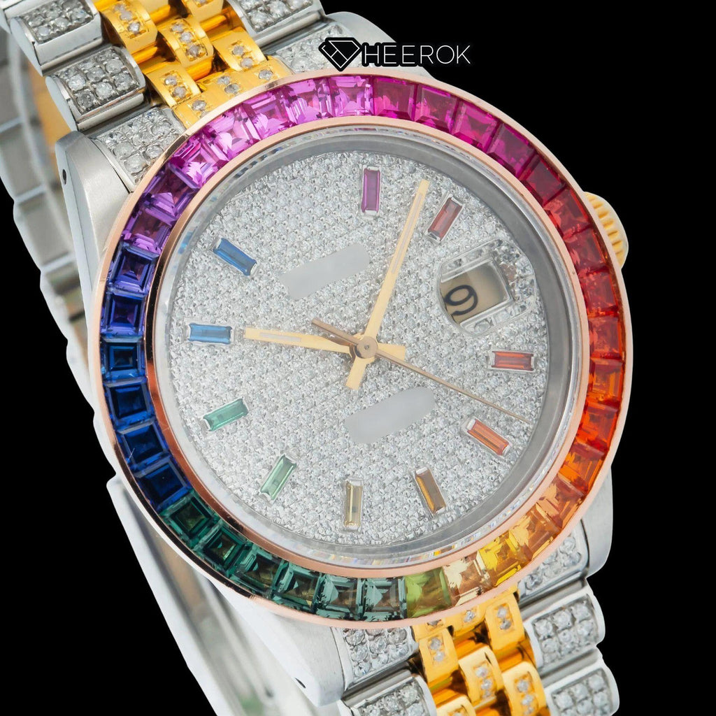 Rolex Datejust White Dial Multicolor Diamond Stick Markers Rainbow Diamond Bezel Two Tone Yellow Gold Fully Iced Moissanite Diamond Jubilee Bracelet For Women