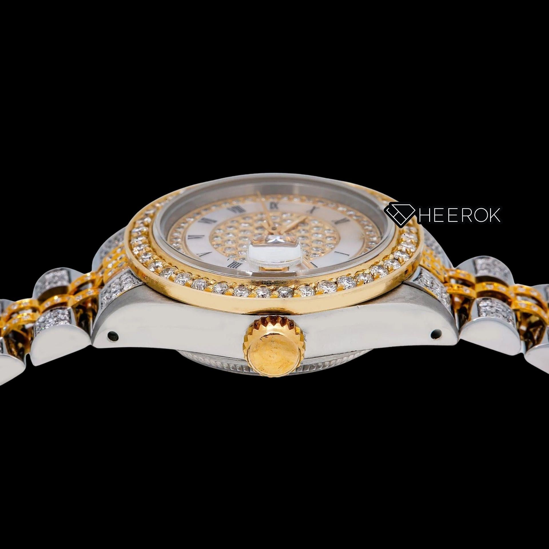 Rolex Datejust White Dial Roman Numerals Inner Pave Diamond Bezel Two Tone Yellow Gold Moissanite Diamond Jubilee Bracelet For Women