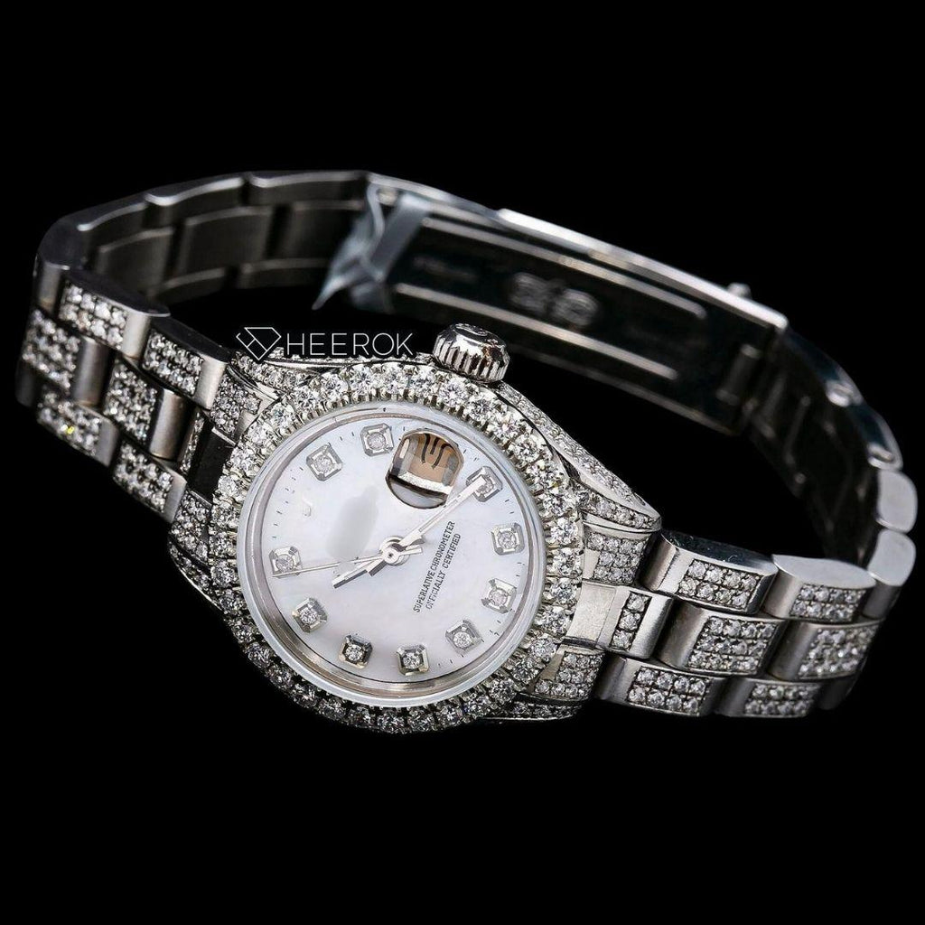 Rolex Datejust White Mother of Pearl Dial Diamond Markers Diamond Bezel Moissanite Diamond Oyster Bracelet For Women