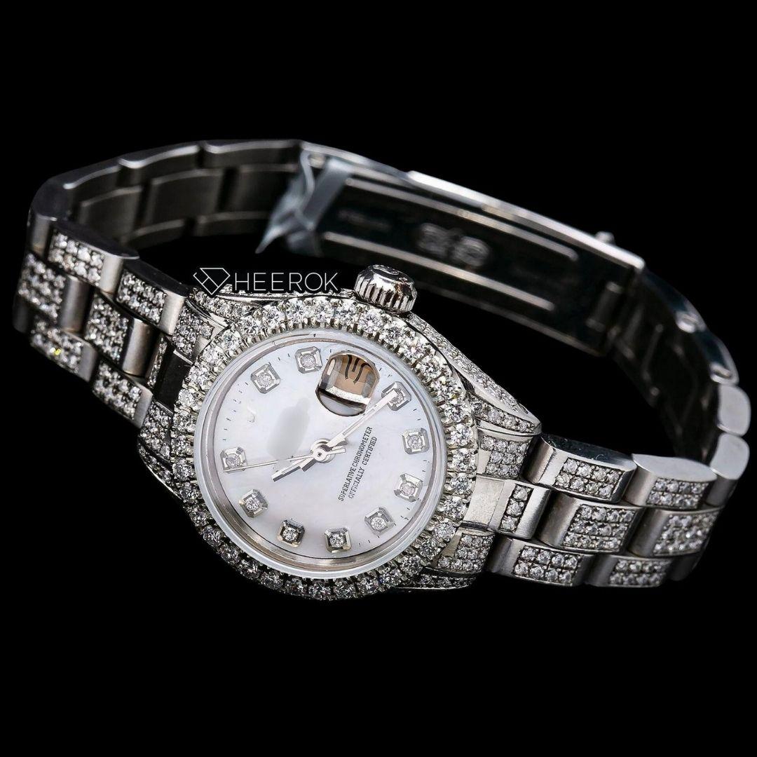 Rolex Datejust White Mother of Pearl Dial Diamond Markers Diamond Bezel Moissanite Diamond Oyster Bracelet For Women