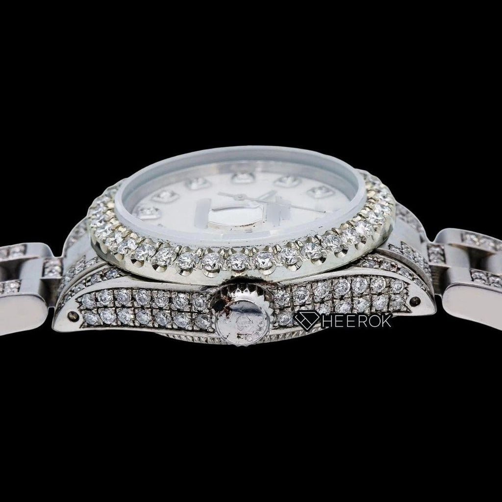 Rolex Datejust White Mother of Pearl Dial Diamond Markers Diamond Bezel Moissanite Diamond Oyster Bracelet For Women