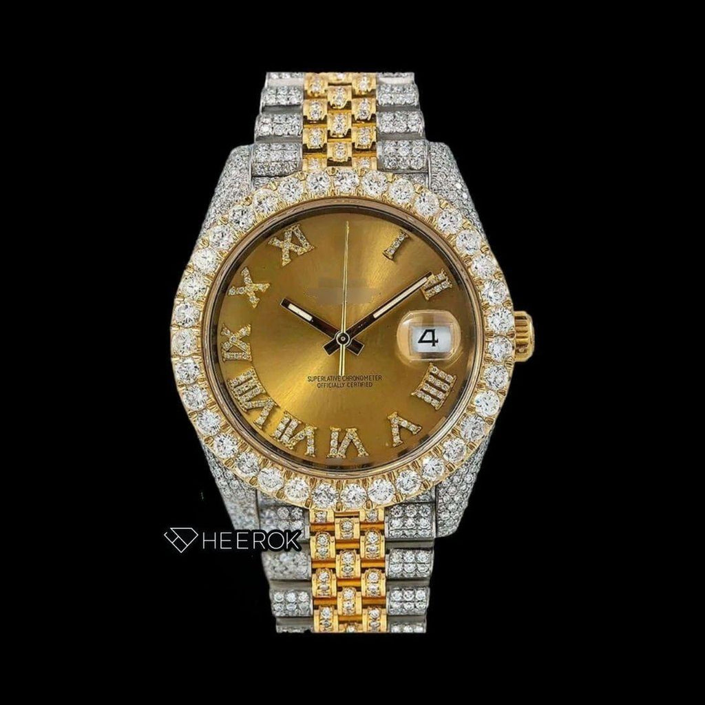 Rolex Datejust Yellow Dial Roman Diamond Markers Diamond Bezel Two Tone Yellow Gold Moissanite Diamond Jubilee Bracelet For Women