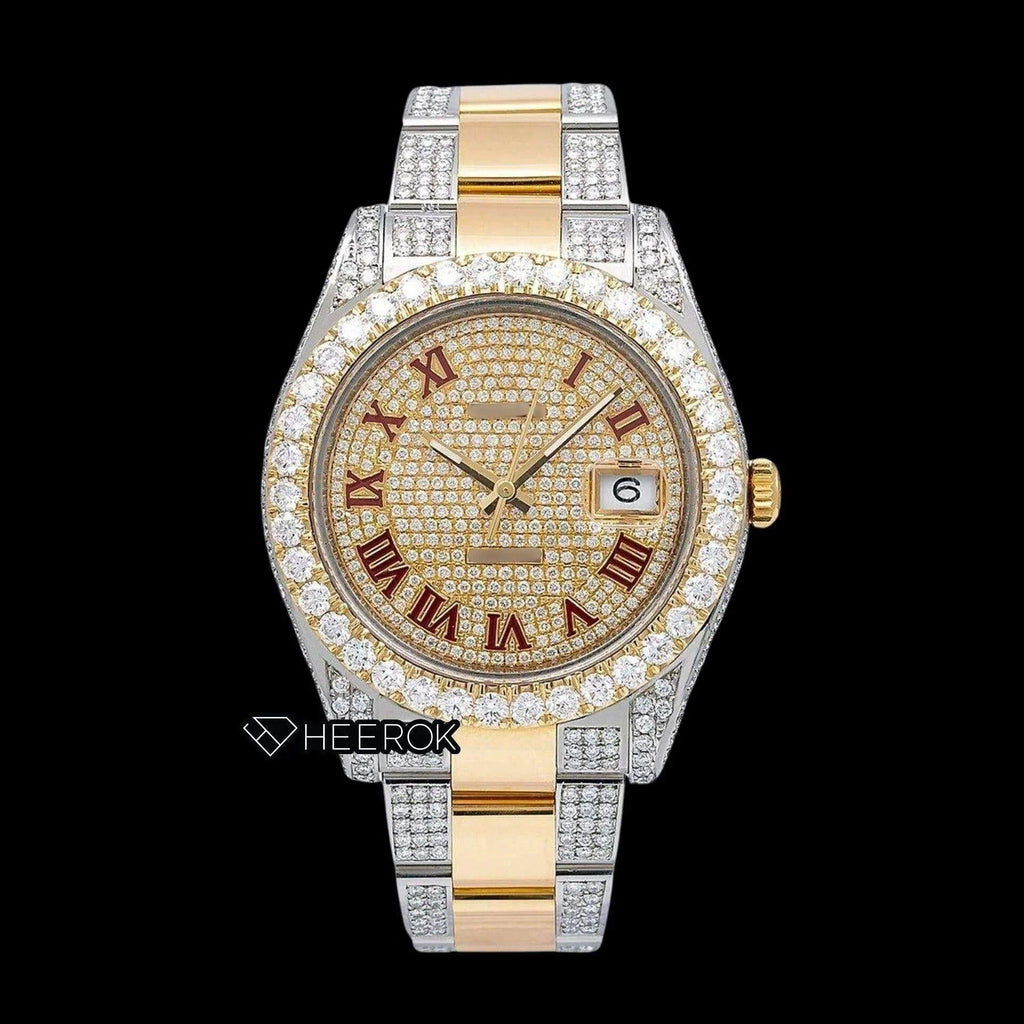 Rolex Datejust Diamond Paved Dial Red Roman Numerals Diamond Bezel Two Tone Yellow Gold Semi Iced Moissanite Diamond Oyster Bracelet