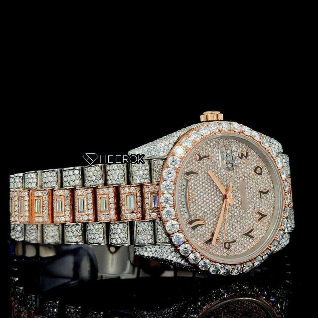 Rolex Day-Date Black Arabic Dial Diamond Bezel Two Tone Rose Gold Fully Iced Moissanite Diamond President Bracelet