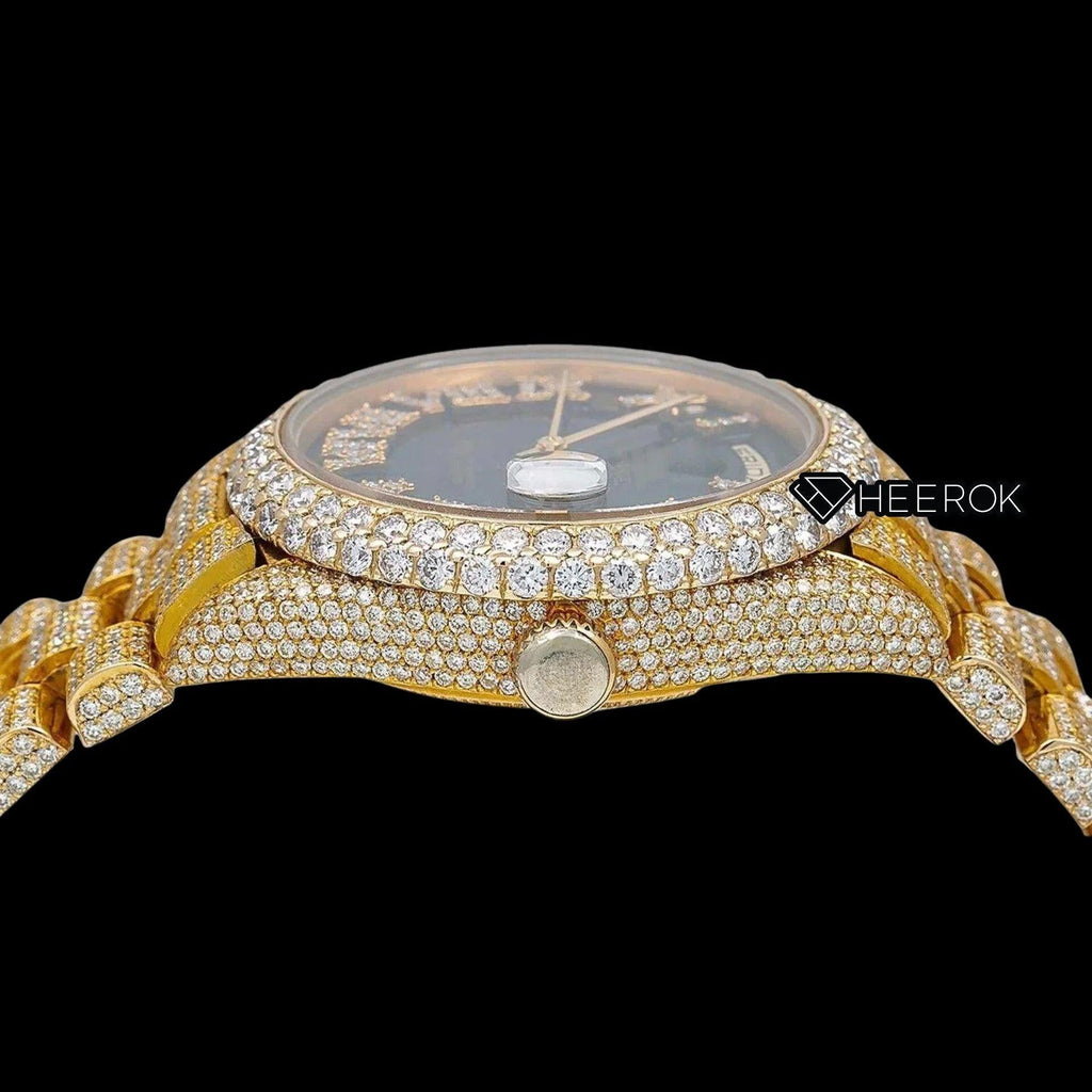 Rolex Day-Date Black Dial Roman Diamond Numerals Diamond Bezel Yellow Gold Fully Iced Moissanite Diamond President Bracelet For Women