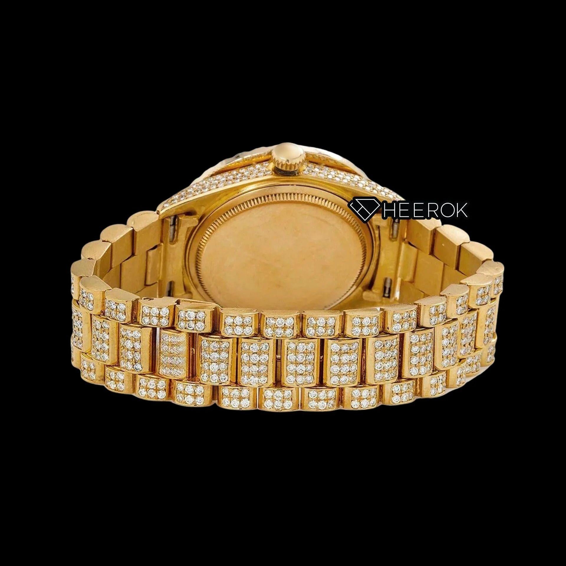 Rolex Day-Date Black Dial Roman Diamond Numerals Diamond Bezel Yellow Gold Fully Iced Out Moissanite Diamond President Bracelet For Women