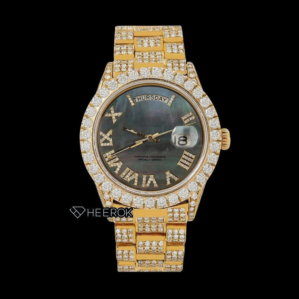 Rolex Day-Date Black Dial Roman Diamond Numerals Diamond Bezel Yellow Gold Fully Iced Out Moissanite Diamond President Bracelet For Women